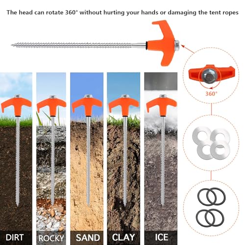 12 Pack 8" Heavy Duty Screw-In Tent Stakes - Drill Ground Anchors (Orange)
