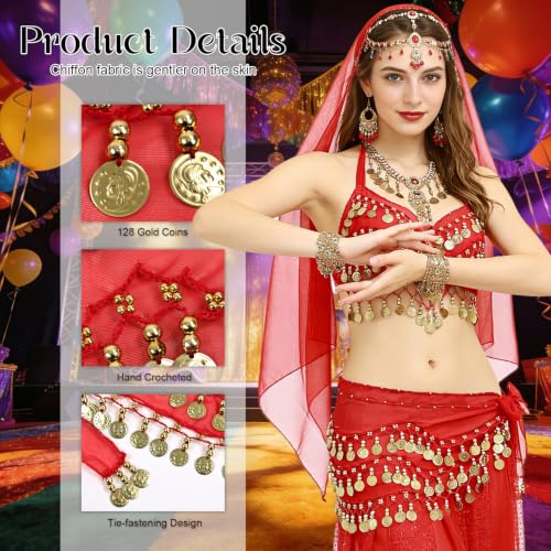 Belly Dance Hip Scarf Tie Waist Wrap with 128 Coins - Red