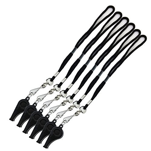 Plastic Coach Whistles with Wrist Strap - Pack of 6 (Black)