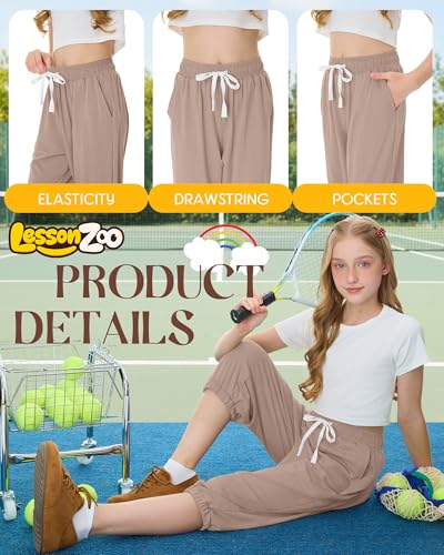 Girls Capri Joggers - 3 Pack Crop Pants, Black+Khaki+Dark Gray, 9-10 Years