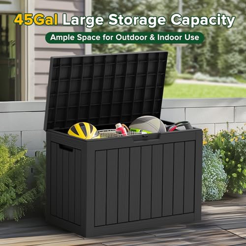 45 Gallon Waterproof Large Resin Deck Box Indoor/Outdoor Lockable Storage Container and Seating for Garden, Pool, and Patio (45 Gallon, Black)