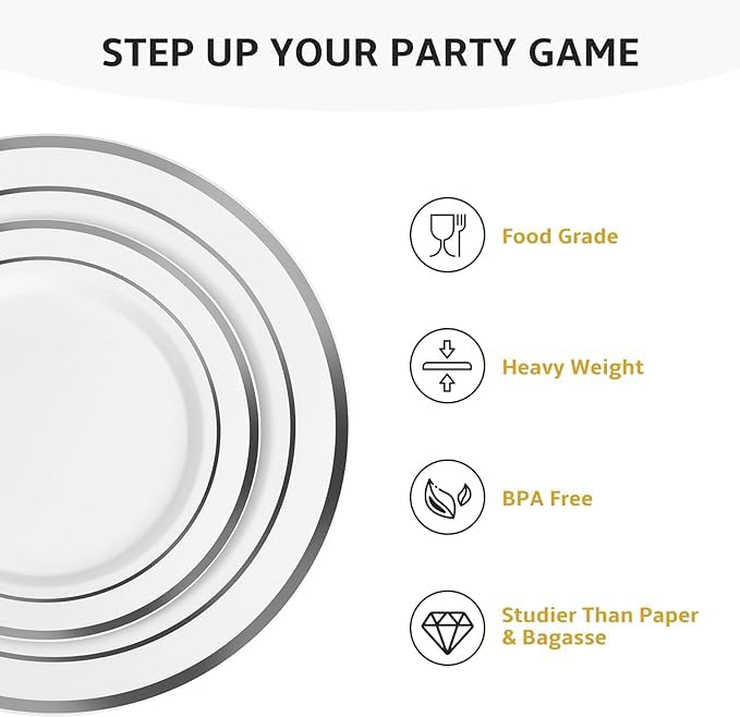 AOZITA Silver Plastic Party Plates 10 Inch Disposable Set - 200 pcs