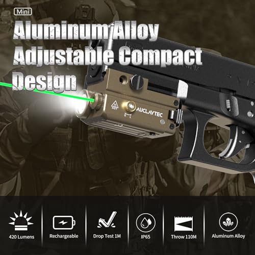 Pistol Flashlight Green Laser Combo 420 Lumens Pistol Light Recharge Tatical Flashlight Fits for Picatinny MIL-STD-1913 Rail, Fits for Glock (with Built-in Battery)