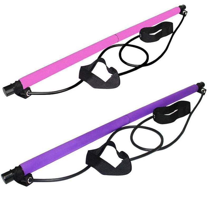 Pilates Bar with Resistance Bands - Adjustable Foot Straps - Purple