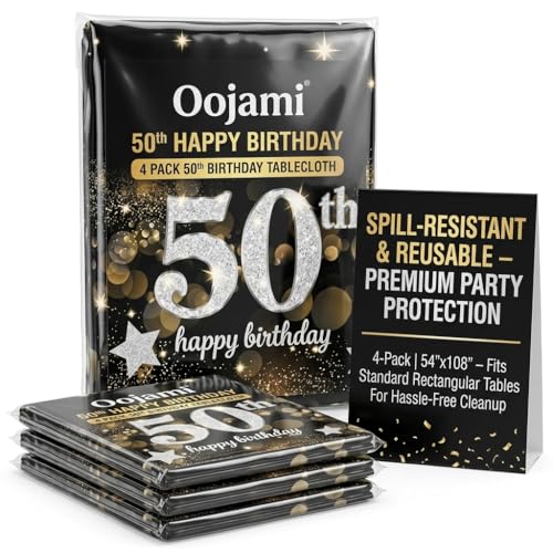 50th Birthday Tablecloths - Black & Gold, 4 Pack, 54" x 108"