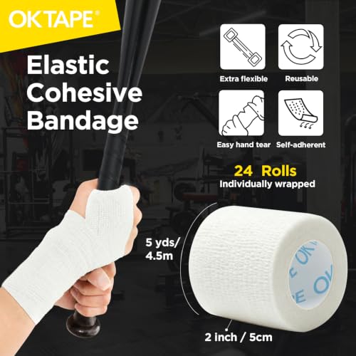 OK TAPE 24 Rolls Self-Adhesive Bandage Wrap 2in White – Cohesive Elastic Athletic Tape