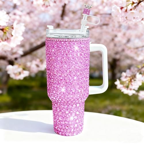 Crown Diamond Straw Toppers for Stanley Cup - Hot Pink Bling Set