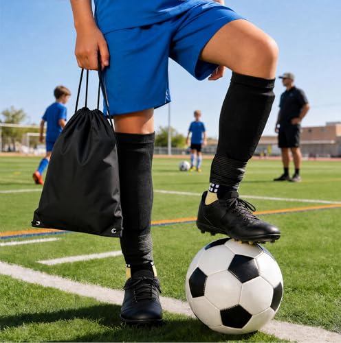 Dinceer 2 Pair Kids Grip Soccer Socks Set with Shin Guards, Sleeves, Tape & Bag - Black