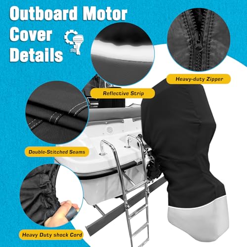 Universal Boat Motor Cover for 90-150 HP Outboard Engines - Silver Black, Heavy-Duty Waterproof Oxford Fabric, Windproof Design
