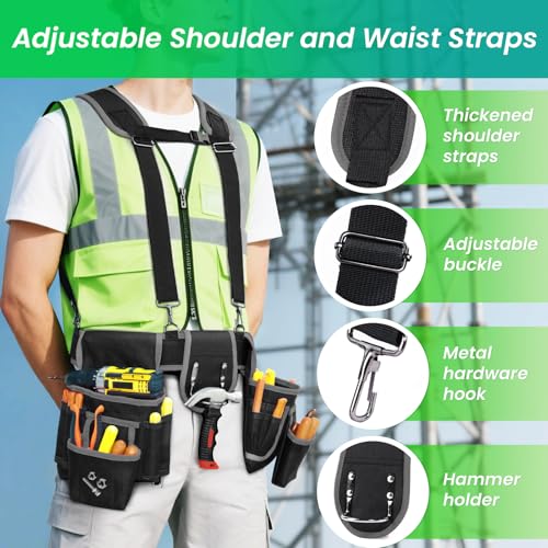 Tool Belt With Suspenders, Heavy Duty Magnetic Tool Belts for Men with 18 Pockets, Tool Belt with Adjustable 32 to 66 Inches Detachable Waist for Electricians, Carpenters, Framers, Black-Grey