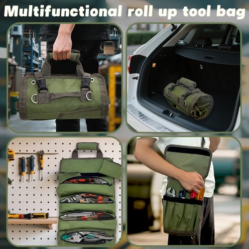 Roll Up Tool Bag Organizer, 11 Pockets Heavy Duty Storage Tool Bag Pouch Organization Portable Foldable Detachable Gifts for Men, Mechanic, Electrician, Craftsman, with 2 Small Pouches, Green (Green)