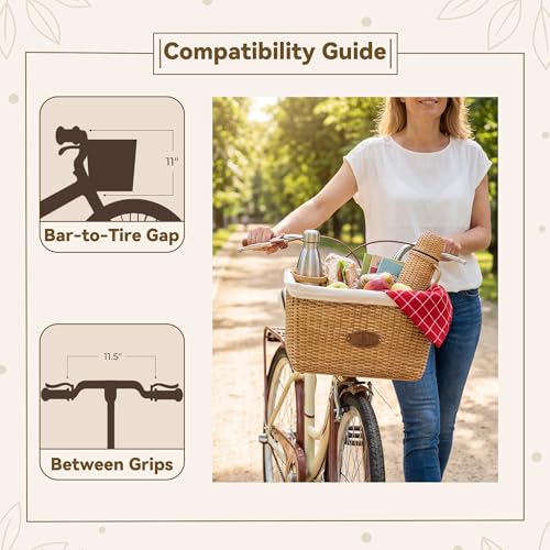 Khaki Wicker Bike Basket Front with Cup Holder for Women & Men