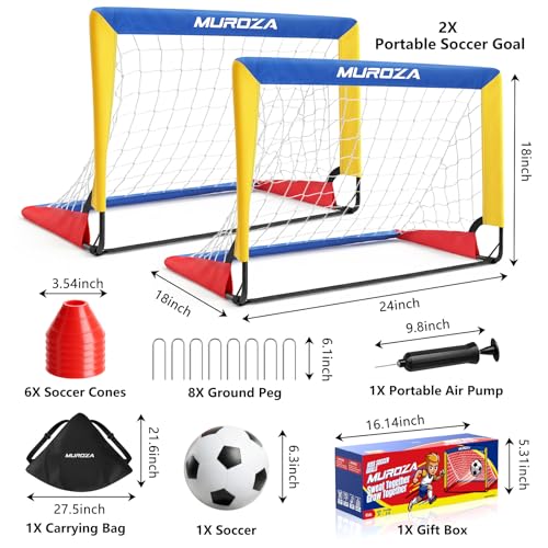 Kids Soccer Goal Set - 2 Pack Portable Pop Up Nets with Ball & Cones - Red, Yellow, Blue