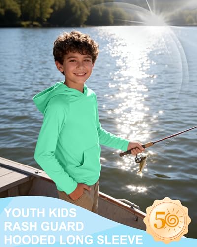 Boys Rash Guard Hoodie - UPF 50+ Long Sleeve Swim Shirt, Medium Seaweed Green