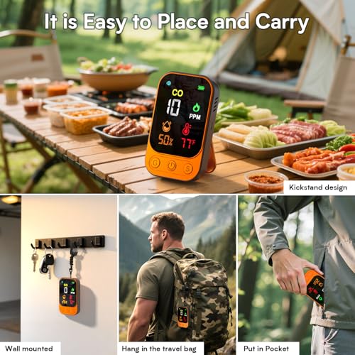 ???????????????? Portable Carbon Monoxide Detectors, 3 in 1 CO Monitor with Kickstand & Lanyard Gas Alarm [CO Temperature Humidity Sensor] 1000mah Battery for Indoor Outdoor Camping Travel RV Hotel