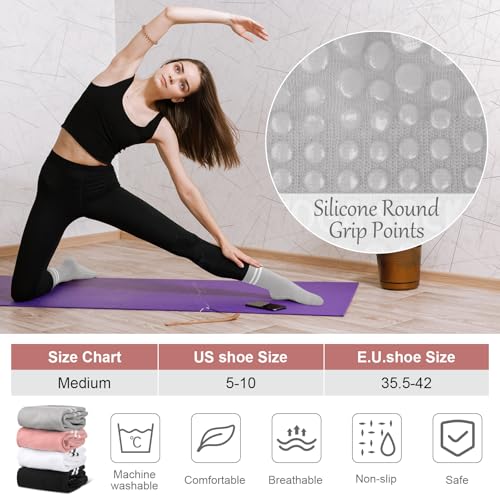 Grippy Pilates Socks for Women - Non-Slip Crew Socks - Black/Pink/White/Gray
