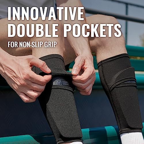 Soccer Shin Guards with Sleeves for Kids & Adults - Black, M