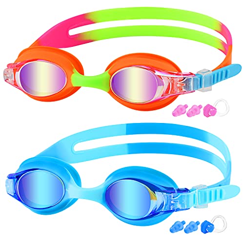 Kids Swim Goggles - 2 Pack No-Leak Swimming Goggles for Ages 3-15 - Orange Green & Blue
