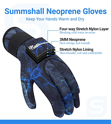 Summshall 3MM Camo Blue Neoprene Diving Gloves for Men & Women - Thermal, Non-Slip, Adjustable Wrist