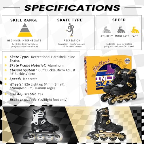 Adjustable Inline Skates for Kids - Golden, Large (4-7 US)