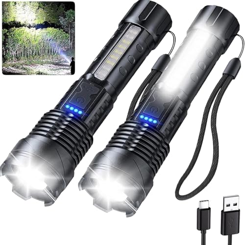 Rechargeable Flashlights High Lumens 2 Packs, 980,000L Super Bright Zoomable Tactical Flash Light with 7 Modes, Battery Powered, Cob Side Light, USB C, LED Handheld Flashlight for Emergency