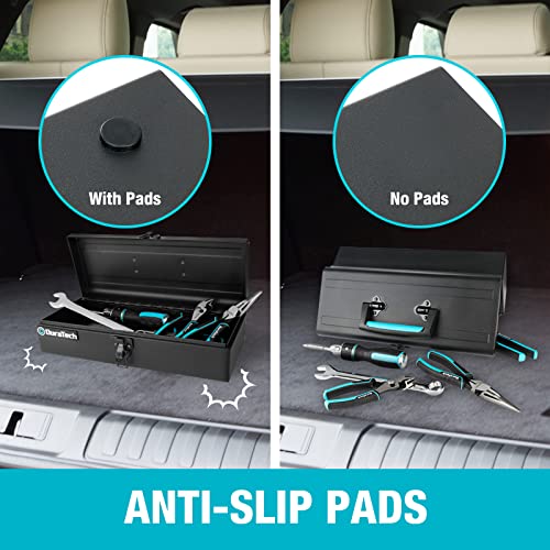 DuraTech Tool Box, 15" Portable Steel Small Tool Box with Metal Latch Closure & Plastic Handle with Anti-slip Base, Multi-Purpose Heavy Duty Toolbox, Black