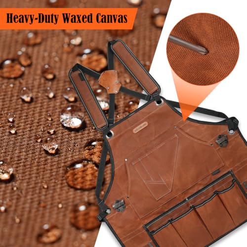 WELKINLAND 11-Pockets Waxed-Canvas Tool Apron, Heavy-Duty Carpenter Apron, Comfy Woodworking Apron, Convenient Workshop Apron, Fully-Adjustable Shop Aprons For Men, Well-Padded Work Aprons For Men
