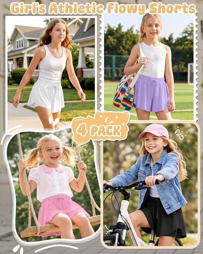Didaey 4 Pack Girls Athletic Butterfly Skorts - Pink, Purple, White, Black, 5-6 Years