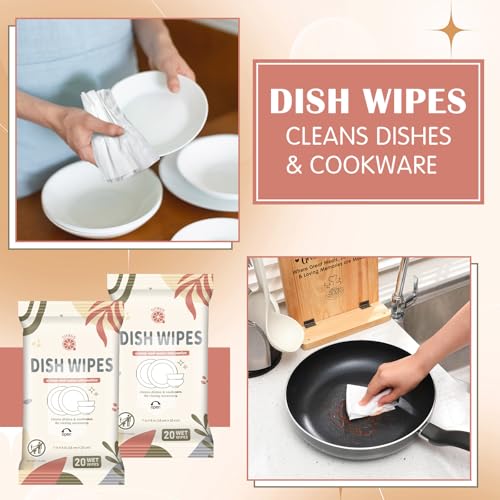 Threlaco 7 Pack Camping Dish Wipes - Travel Dish Cleaning Essential, 20 Wipes per Pack