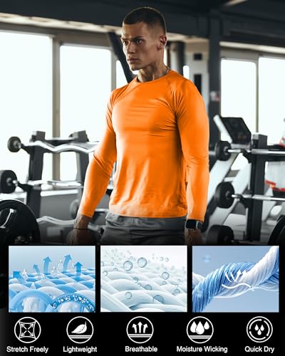 Men's Long Sleeve Compression Shirt - Quick Dry Athletic Base Layer Top - Large / Orange