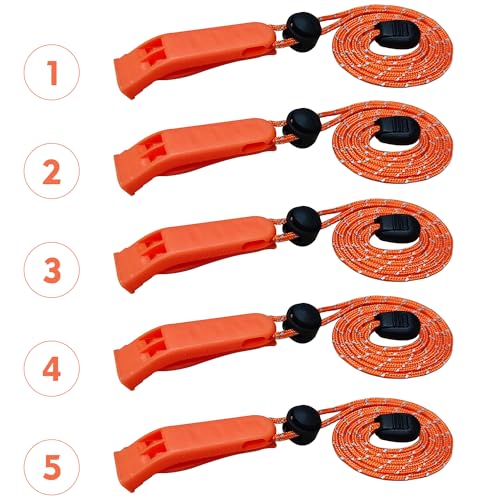 Emergency Survival Whistle with Reflective Lanyard - 120dB, 5 Pack - Orange