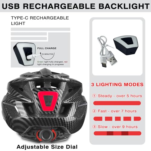 XIFENGRID Adult Bike Helmet Men Women with USB Rechargeable LED Rear Light - Carbon Black