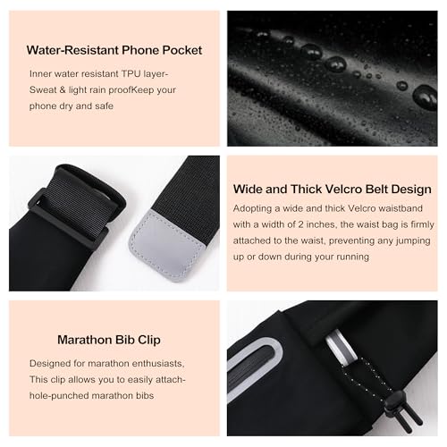 JUCURRI Black Running Belt Fanny Pack with 3 Pockets, Waterproof Phone Holder, Bib Clip & Reflective Strips