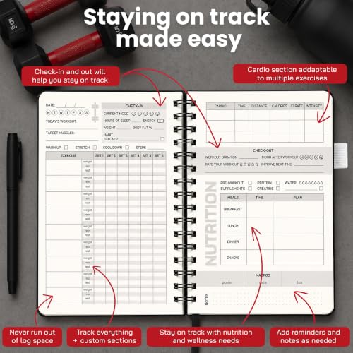 Prazoli 7-in-1 Workout Journal for Men - Red | All-in-One Fitness Log, Nutrition & Goals Tracker