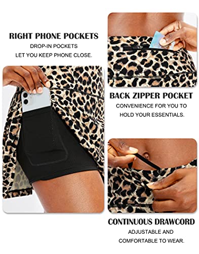 Soothfeel Pleated High-Waisted Tennis Skirt with Pockets for Women - Brown Leopard, Medium