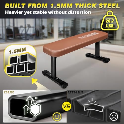 Flat Weight Bench - Heavy Duty with 2.4 Inch Thick Pad, 41 in Basic / Brown