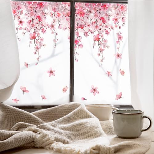 Cherry Blossom Window Clings, Double-Sided Sakura Summer Jungle Window Stickers, Nature-Inspired Glass Decals for Bedroom, Living Room, Kitchen, Office, Home Seasonal Decor