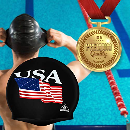 Latex Swim Cap - USA Black - One Size - Keeps Hair Dry & Comfortable