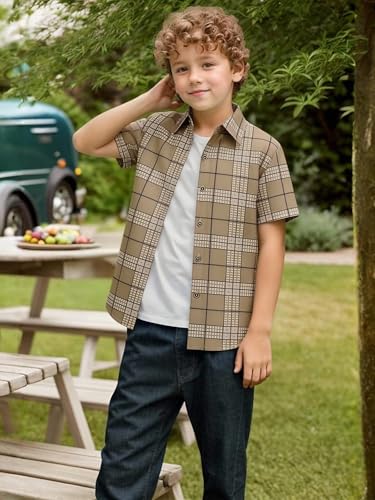 Boys Button Down Short Sleeve Plaid Dress Shirt - Khaki, 10 Years