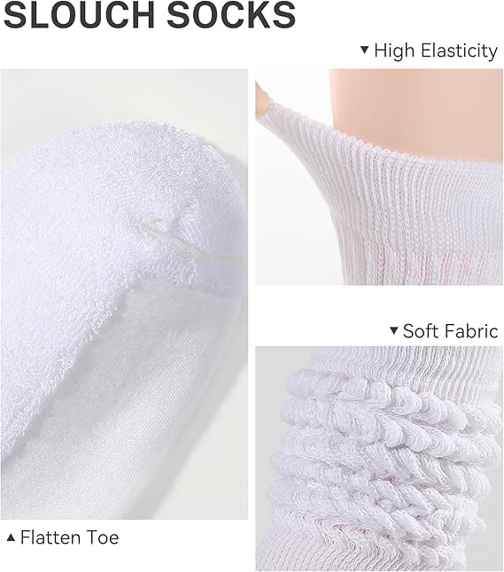 Knee High Slouch Socks for Women - Long Tube Scrunch - White