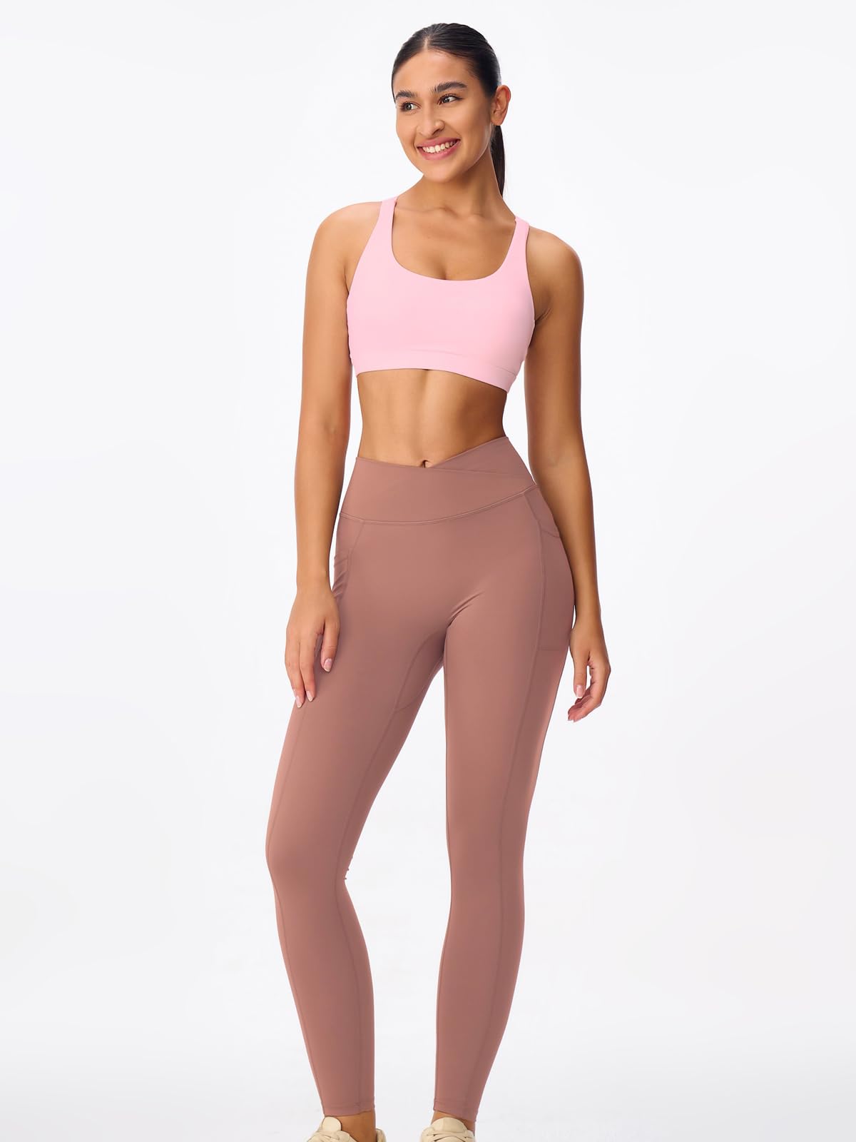 Omwilddo Women's Strappy Sports Bras Light Compression Crop Criss Cross Back Padded Workout Yoga Bra Supportive U Neckline Light Pink M