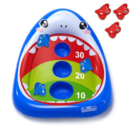 AURASUN Inflatable Shark Cornhole Pool Game for Kids & Adults - Floating Water Toss Game