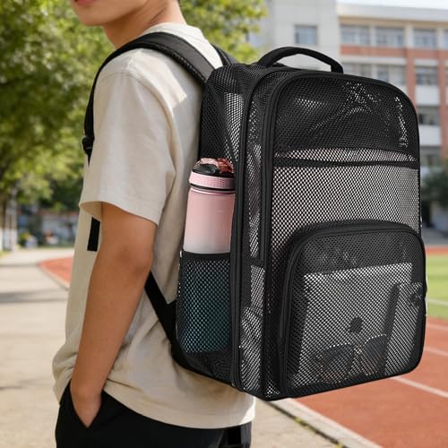 Heavy Duty Mesh Backpack 39L Large Black Travel Bag for Men & Women