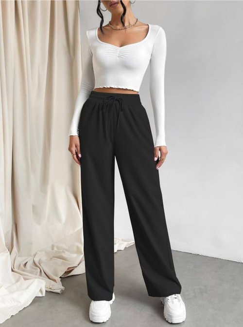 Kivdol Womens Yoga Sweatpants Wide Leg Lounge Pajamas Pants Drawstring Workout Comfy Joggers Sweatpants Pants Pockets Black