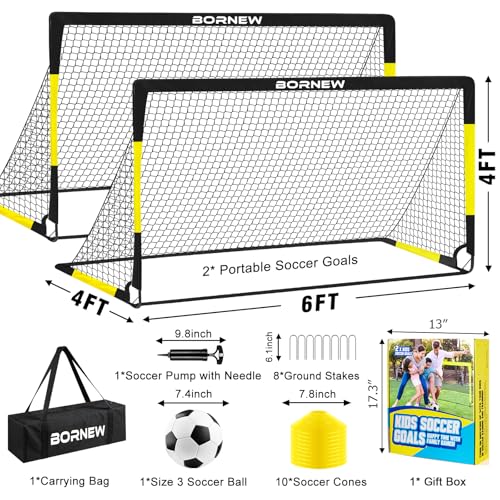 Kids Soccer Goal Set - 2 Portable 6' x 4' Nets, Ball & Gear - Black Yellow