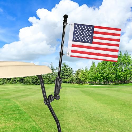 Black Golf Cart Flag Holder with USA Flag Kit - Adjustable Dual Stainless Poles