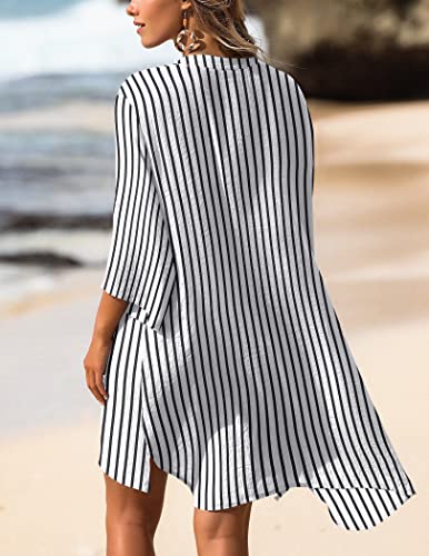 AI'MAGE Women’s Swimsuit Cover Up Shirt V-Neck Button-Down Beach Tunic Black/White X-Large