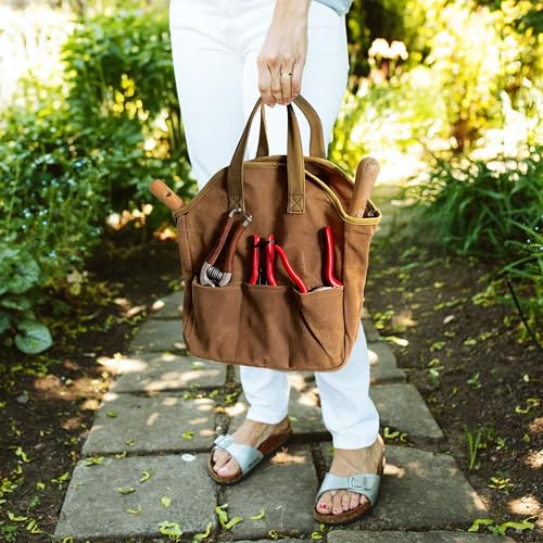Garden Tool Bag - 12x14¡± Heavy Duty Waxed Canvas Tote Bag Caddy with 6 Interior and 3 Exterior Pockets for Organizing Gardening Tools - Gardening Gifts for Women and Men by Kings County Tools