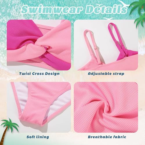 Girls' Two-Piece V-Neck Bikini Set - Spaghetti Strap Bathing Suit - Rose & Pink, Size 15-16