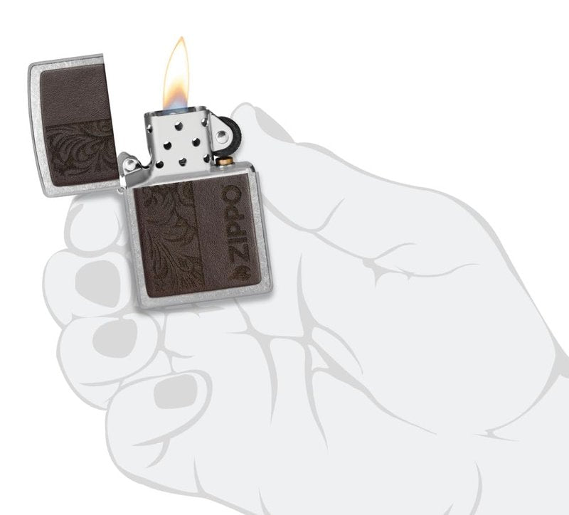 Zippo Brown Leather Emblem Design Street Chrome Pocket Lighter